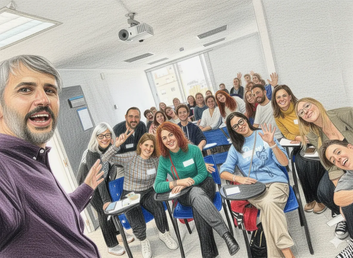 Carles Caño se hace un selfi con un grupo sonriente al final de uno de sus cursos